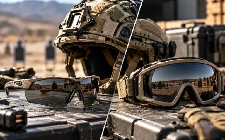 Ballistic safety glasses and tactical goggles displayed alongside military helmets for comparison of eye protection options. | Chase Tactical | Tactical Gear Ballistic Safety Glasses And Tactical Goggles Displayed Alongside Military Helmets For Comparison Of Eye Protection Options.