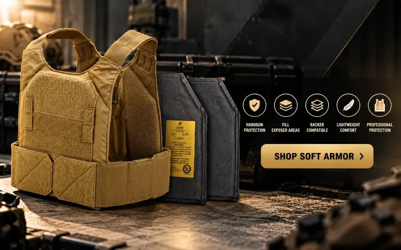 Chase Tactical Soft Body Armor Vest With Protective Inserts And Shop Soft Armor Call-To-Action.