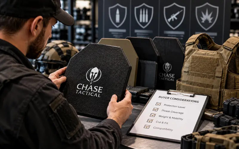 Buyer Examining Chase Tactical Body Armor Plates And Comparing Protection Levels, Weight, Fit, And Compatibility Under Nij 0101.07 Standards.
