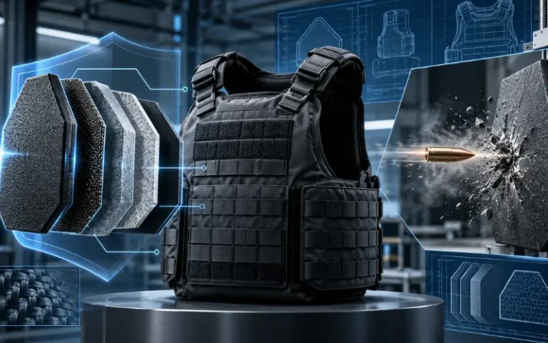 NIJ 0101.07 body armor standards illustrated with a tactical vest, layered ballistic plates, and bullet resistance testing. | Chase Tactical | Tactical Gear Nij 0101.07 Body Armor Standards Illustrated With A Tactical Vest, Layered Ballistic Plates, And Bullet Resistance Testing.